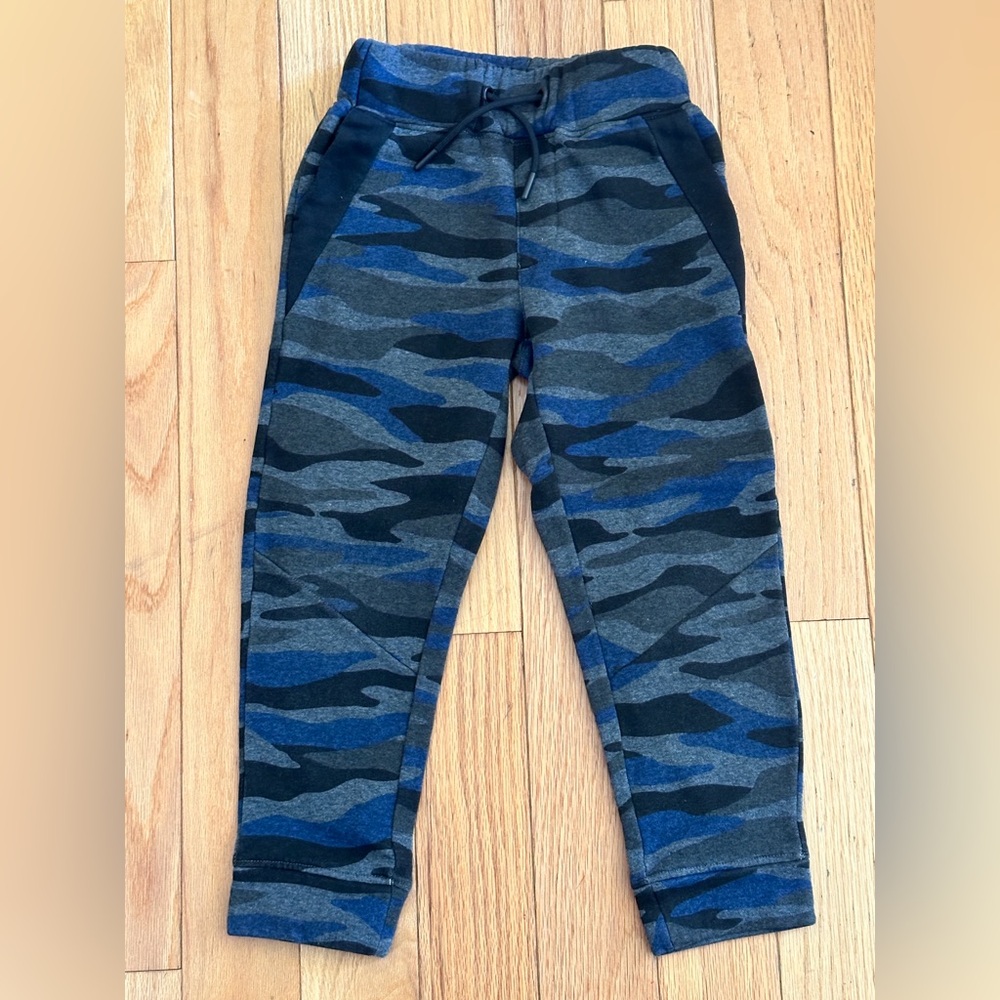 Navy blue, dark and light gray camo sweatpants